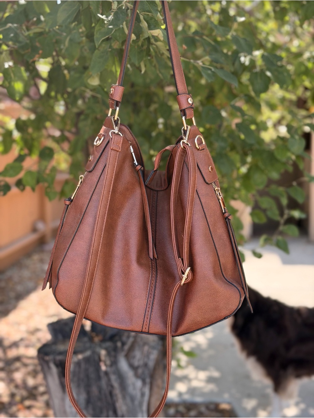 Realer Brown Leather Shoulder Bag with Gold Hardware
